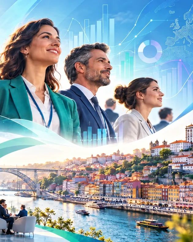 Profissionais a olhar em frente, com gráficos de crescimento e o rio Douro ao fundo