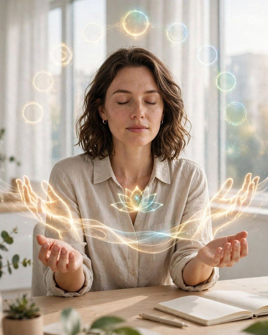 Mulher de olhos fechados, em meditação, com as mãos abertas e um fluxo de luz suave à sua volta