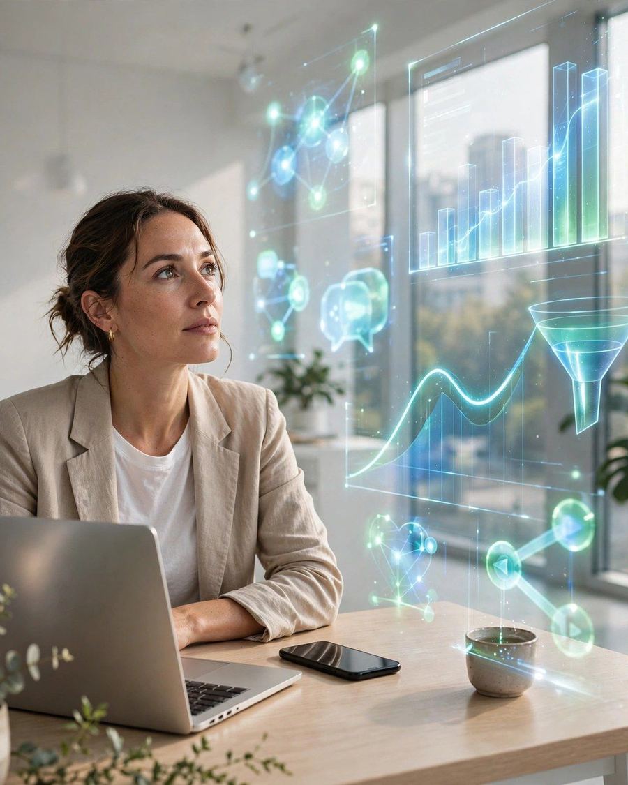 Profissional de marketing digital à secretária, a observar painéis com gráficos de crescimento e um funil de conversão