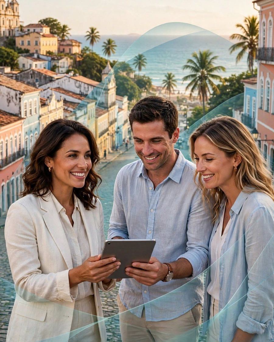 Profissional de turismo a apresentar um roteiro num tablet a um casal de viajantes, no Pelourinho, em Salvador, com o mar ao fundo